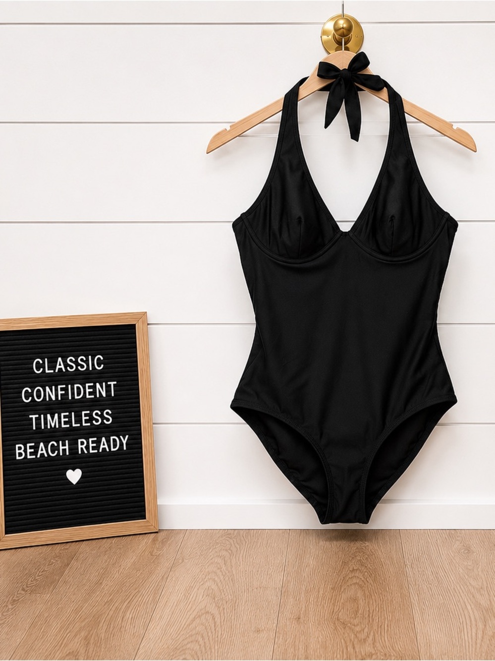 🖤 Black Underwire Halter One Piece Swimsuit | Women’s Large | Classic Flattering
